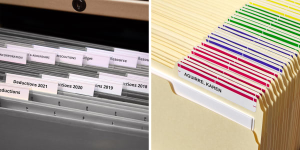 Two images side by side showing organized file folders. One shows hanging file folders in a file cabinet, customized with Avery file tab inserts. The other shows a row of manila folders with color-coded and custom printed Avery file folder labels.