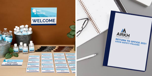 Two images side by side. Left image shows welcome table set up for a company town hall meeting. There are individual water bottles and hand sanitizers branded with Avery labels, Avery name badges and Marks A Lot permanent markers on the table. Avery Surface Safe removable adhesive signs are used on the table and wall to welcome attendees and provide instructions. Right image shows a plastic Aver Report cover with Return to Office polices for COVID safety on a desk surrounded by a planner, glasses and a pen.