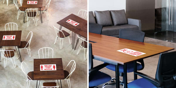 Two images side by side. Left side shows an office break area with tables and chairs. There are Avery Surface Safe decals on the tables communicating social distancing practices. Right side shows an office meeting space with an Avery Surface Safe decal communicating that the area is regularly sanitized.