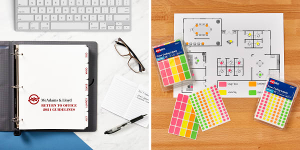 Two images side by side. Left image shows an open Avery binder filled with dividers to organize Return to Office 2021 plan and sorting guidelines from the CDC, OSHA and other government agencies. Right image shows a light wood desk top with a COVID safety office seating chart that has been color coded with Avery labels.