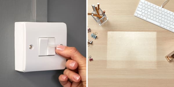 Image alt text: </strong>Two images side by side. Left image shows Avery Touchguard antimicrobial and antiviral protective film being applied to a light switch. Right image shows a full sheet of Avery Touchguard film applied to a high-touch surface on an office desk.