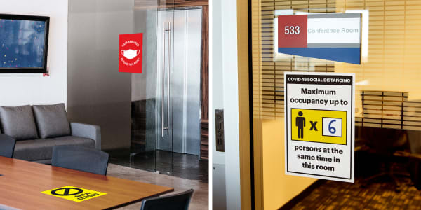 Two images side by side. Left image shows a communal space in an office building. There are Avery removable adhesive signs on the table for managing social distancing at work and on the glass wall to indicate that face masks are required. Right image shows an Avery template for COVID safety that displays maximum capacity in a conference room due to social distancing.