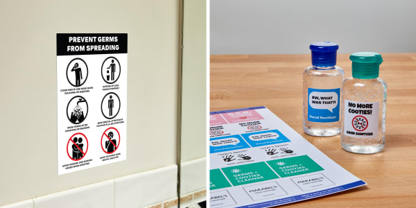 Two images side by side. Left image shows an Avery template for how to prevent germs from spreading displayed on a bathroom wall. Right image shows a desktop with two personal size bottles of hand sanitizer that have been labeled with funny sanitizer labels. A full sheet of Avery waterproof labels with the sanitizer designs are on desk next to the bottles.