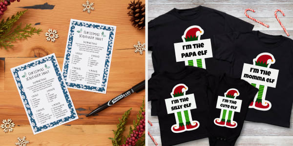 fun family activities made with avery templates including Christmas scavenger hunt postcards and homemade pajamas cards displayed on a wooden pine table with rustic natural Christmas accents and the shirts are displayed on a white wooden table with candy cane accents