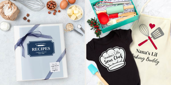 family recipe book made with an avery binder set on a light countertop and surrounded by baking ingredients next to a cookie decorating kit and clothing with iron on designs made with avery fabric transfers