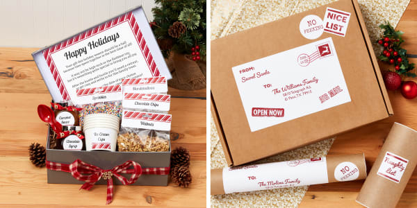 wooden table with holiday decorated box filled with ice cream sundae kit for gift exchange made with labels using avery templates wooden table surface with holiday wrapping paper and brown packages topped with custom avery shipping labels and stickers