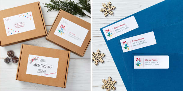 white wooden surface with brown shipping boxes topped with custom avery holiday labels white wooden surface with blue envelopes topped with custom avery holiday address labels