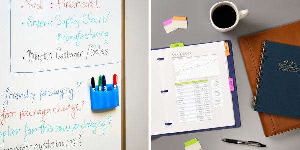 Two images side by side. Left image is a close up of a large conference room white board with a cup holding Avery dry erase markers. Notes from a status update meeting are on the white board. Right image shows an Avery report cover open with data reports inside that are marked with Avery UltraTabs. The report cover is on a conference table surrounded by notebooks, a pen and a cup of coffee.