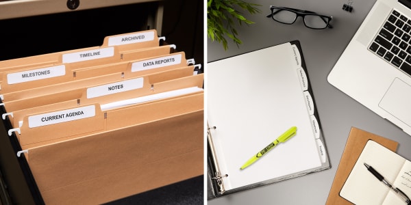 Two images side by side. Left side shows brown hanging file folders organized with Avery file folder labels. Right side shows desk with an Avery binder filled with Avery dividers organizing status update meeting notes. There is an Avery Hi-Liter on top and the binder is surrounded by a laptop, notebook and glasses.