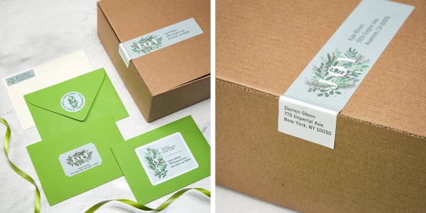 Various types of mailing labels including address labels, shipping labels, round labels and wraparound labels with matching holiday label designs.