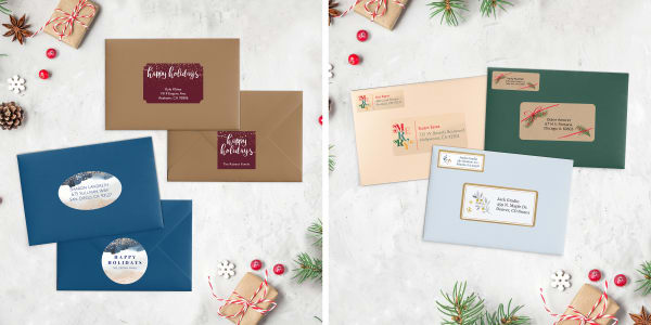 Card envelopes decorated with personalized holiday labels in various shapes and sizes