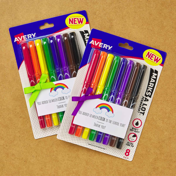 Avery UltraFine colorful permanent markers are shown with a card that reads "You added so much color to the school year! Thank you!" with a rainbow.