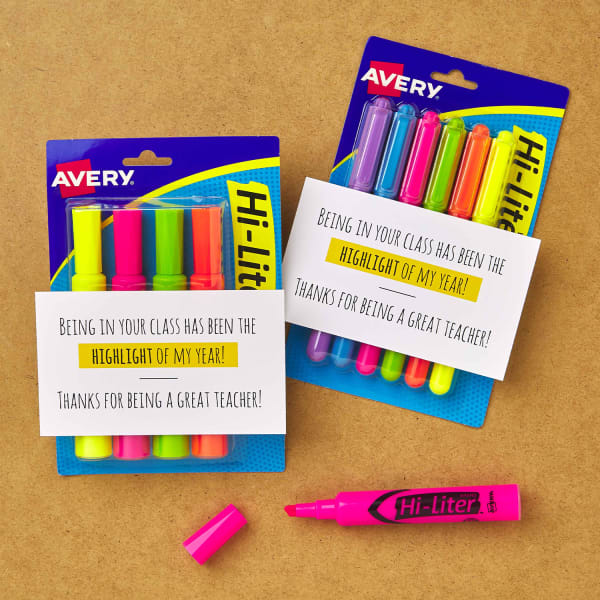 Clever DIY teacher gift made with a pack of highlighters. Shown Avery Hi-Liters packs 24063 and 23585 with an index card taped to the front that reads, "Being in our class has been the highlight of my year! Thanks for being a great teacher!"