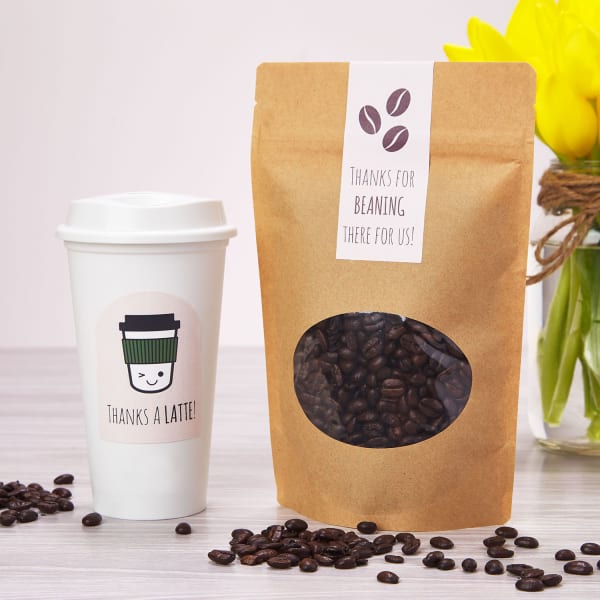 Coffee cup and coffee beans in bag