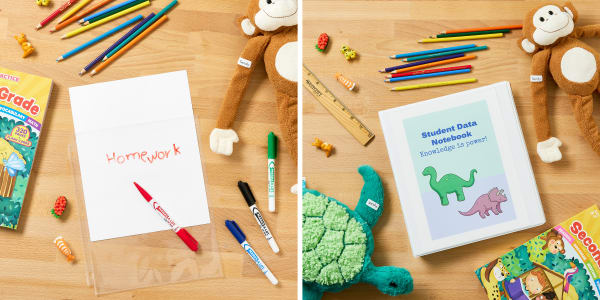 Two images of a wooden school table filled with colored pencils, cute erasers and plushy toys. On the right side there is a blank sheet of paper used with Avery sheet protectors and dry erase markers for a makeshift whiteboard. On the left side is an Avery binder used to organize student progress during the school ye