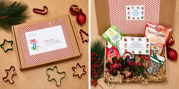 Cookie decoration kits for a contest activity during a virtual holiday party. A mailer box is packed with a variety of sugar cookie ingredients and supplies as well as a personalized Avery postcard 8315. The box is decorated inside and out with personalized Avery shipping labels. 