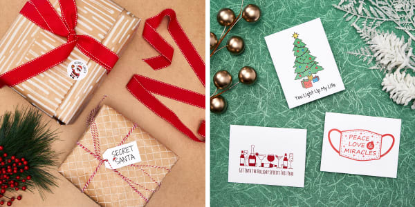Secret Santa gifts with personalized labels and tags as well as an assortment of custom-printed holiday cards.