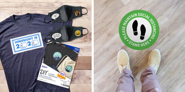 hindsight 2020 shirt diy tshirt transfers face masks maintain social distancing floor sign decal green feet shoes wooden floor