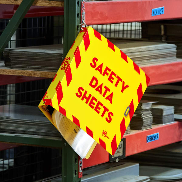 Safety Data Sheet Binder Hanging from Shelf