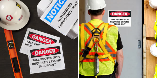 Two images side by side illustrating the use of safety signage as part of a fall protection plan that can help avoid a common OSHA violation.