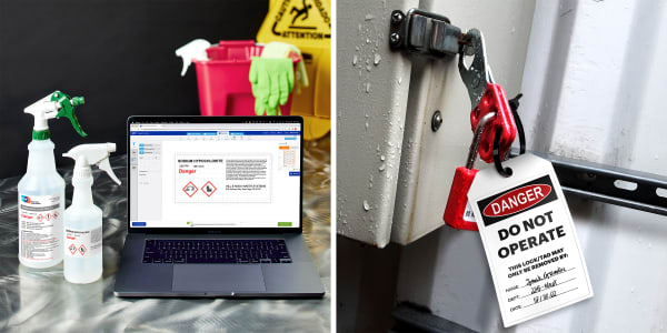 Two images depicting examples of safety labels and tags created onsite. One image shows Avery GHS Wizard software in use to create GHS labels as well as the labels implemented on spray bottles used for cleaning solutions. The other images shows Avery printable tag kit 62404 in use tagging out electrified machinery controls.