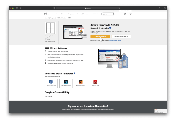 Screen shot showing an example of a template page for a specific Avery product including an option to start designing in Avery Design and Print Online or download blank templates for Microsoft word, Adobe Photoshop, Adobe Illustrator and Adobe PDF.