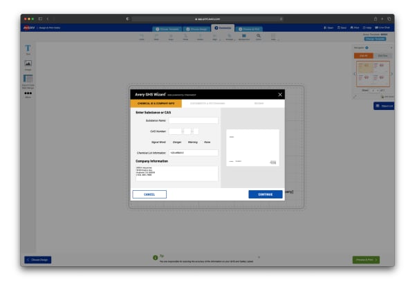 Screen shot showing the Avery GHS Wizard pop up in Avery Design and Print Online. The pop up includes fields for entering the substance or CAS number as well as company information and optional lot information.