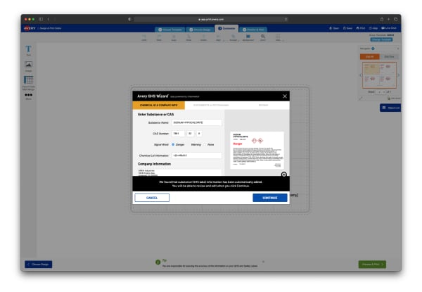 A screen shot showing information that the GHS Wizard has filled in automatically based on the CAS number entered. Auto fill information includes, GHS pictograms, product identifier, signal word, hazard statements and precautionary statements.