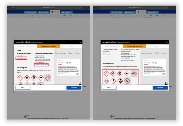 Two screen shots side by side with red boxes showing where to edit hazard codes,  precautionary codes and pictograms in the Avery GHS Wizard pop up