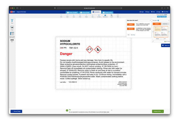 Screen shot showing how to edit a GHS label in the Avery Design and Print Online canvas after the GHS Wizard tool has closed. The edit all button is highlighted to indicate that any changes made to the one label will be applied to all labels on the GHS label sheet.