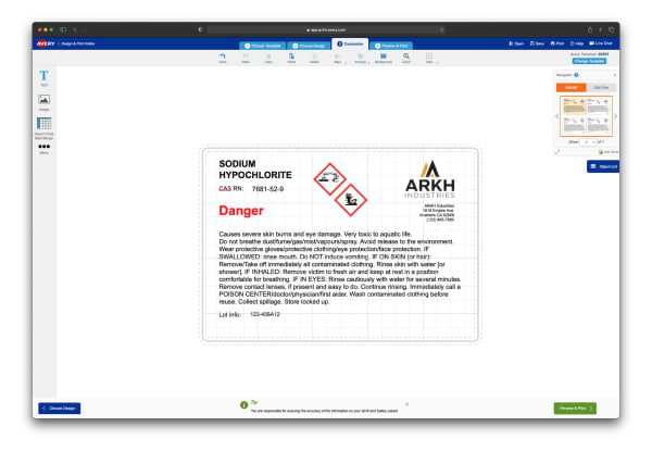 A screen shot of the Avery Design and Print Online editing canvas showing how to edit Avery GHS labels using the Edit All button to make changes on all labels included in a project.