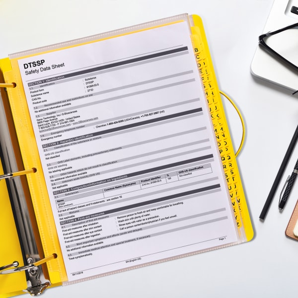 Safety Data Sheet example in SDS binder