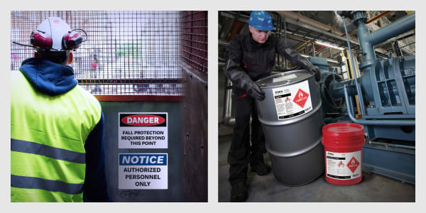 Facility worker passing by a danger sign and a notice sign about fall protection. In the second image, another facility worker is moving a large drum with a safety sign adhered to the side