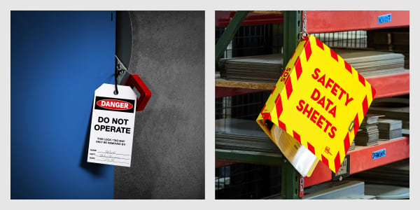 Danger do not operate tag attached to equipment. In the second image, a hanging safety data sheet binder with chain attached to metal shelving.