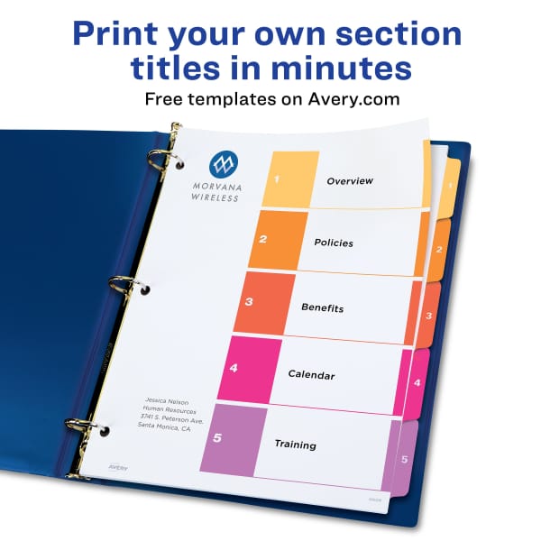 Avery Customizable Table of Contents Dividers, Ready Index(R) Printable Section Titles, Preprinted 1-5 Multicolor Tabs, 3 Sets (11070)
