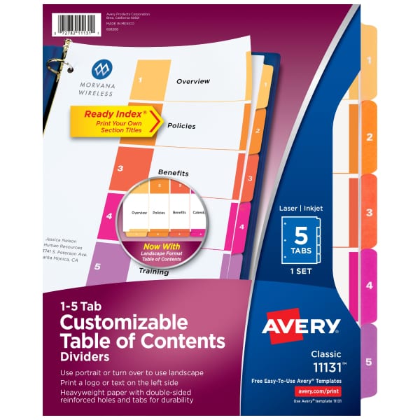 Avery Customizable Table of Contents Dividers, Ready Index(R) Printable Section Titles, Preprinted 1-5 Multicolor Tabs, 3 Sets (11070)