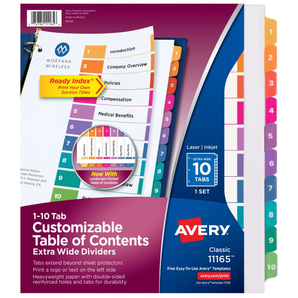 Customizable TOC Ready Index Multicolor Tab Dividers, Extra Wide Tabs, 10-Tab, 1 to 10, 11 x 9.25, White, 1 Set