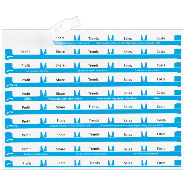 Avery 5 Tab Easy Print & Apply Clear Label Sheet Refills (11225) - Inkjet, Laser - Clear - 30 / Sheet - 3 Total Sheets - 30 / Pack