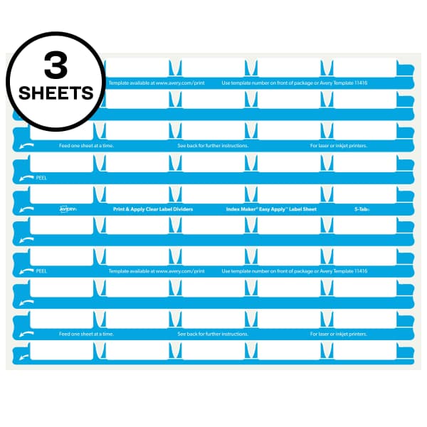 Avery 5 Tab Easy Print & Apply Clear Label Sheet Refills (11225) - Inkjet, Laser - Clear - 30 / Sheet - 3 Total Sheets - 30 / Pack