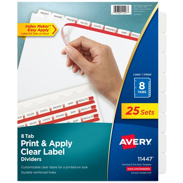 8 Tab Dividers Averyu00ae Print & Apply Clear Label Dividers, Index Maker R Easy Apply TM Printable Label Strip, 5 White Tabs, 5 Sets (11436) 25 X Divider(s) Print O Binder Dividers With Tabs