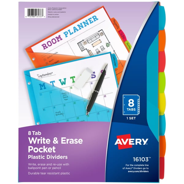 Avery Write & Erase 8-Tab Plastic Dividers, Pockets, Brights (16103) - Multicolor - Plastic - 2 Avery Write & Erase 8-Tab Plastic Dividers, Pockets, Brights (16103) - Multicolor - Plastic - 2