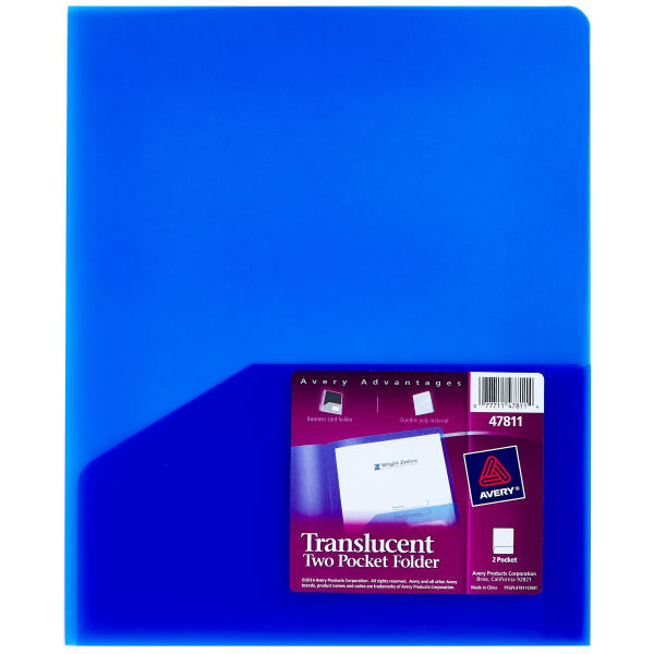 Avery Translucent Two-Pocket Folder 47811, Blue, Sold as 1 Each
