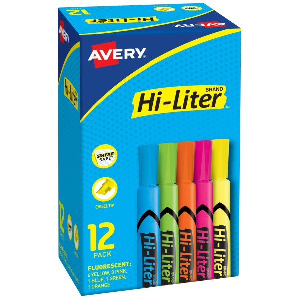 Avery® Hi-Liter®, Chisel Tip, Assorted Colors