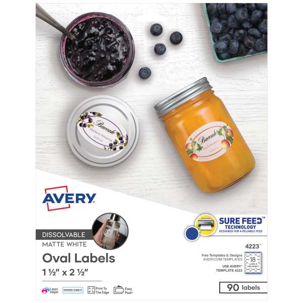 White Dissolvable Labels w/ Sure Feed, 1.5 x 2.5, Oval, White, 90/PK