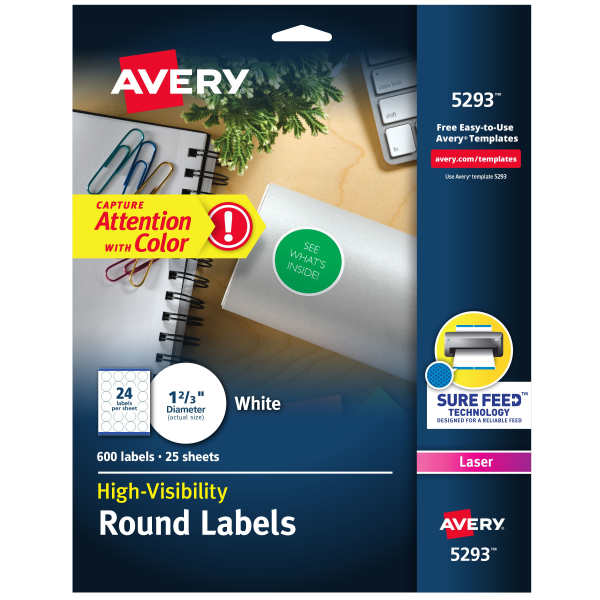 White Round Labels, Laser Printer, 1-2/3" 5293 | Avery