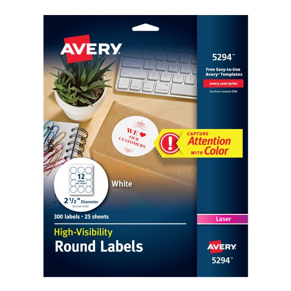 White Round Labels, Laser Printers, 2-1/2"