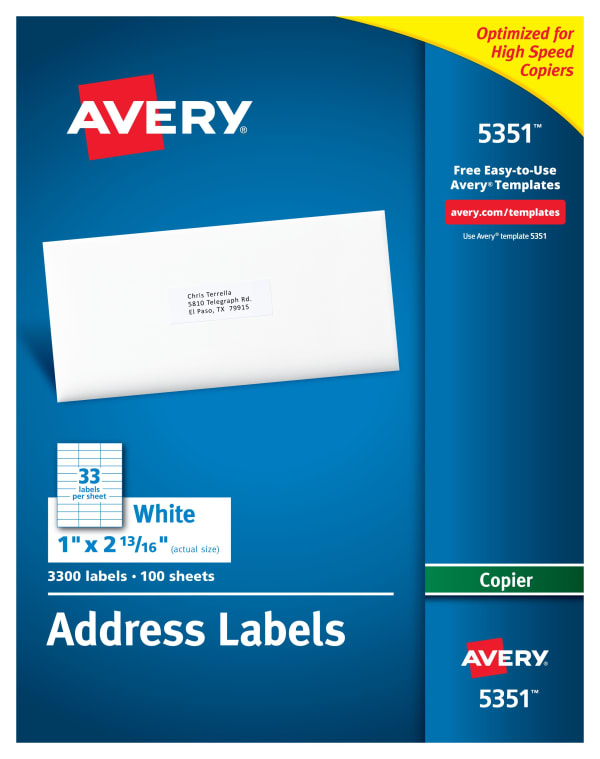 Print Master Labels Avery Copier Address Labels, 1 X 2 13/16