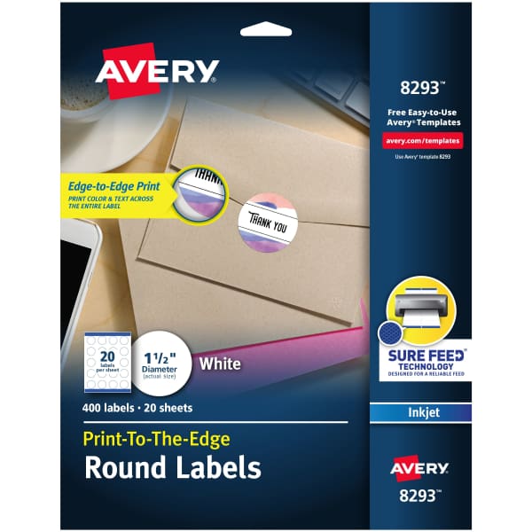 White Round Labels, Inkjet Printers, 400 1-1/2"