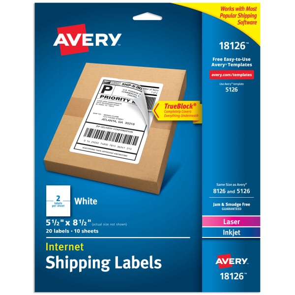 Avery Internet Shipping Labels, TrueBlock Technology, Permanent Adhesive, 5-1/2