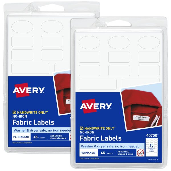 Avery Kids No-Iron Fabric Labels, Handwrite Only, Assorted Shapes and Sizes, White, 15 Labels/Sheet, 3 Sheets/Pack